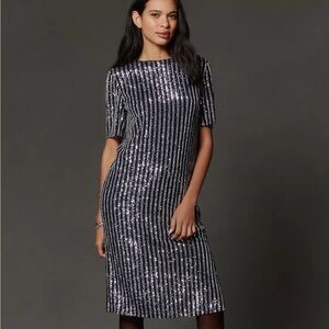 NWT Anthropologie Flat White Short-Sleeve Sequin Stripe Midi Dress Size Small